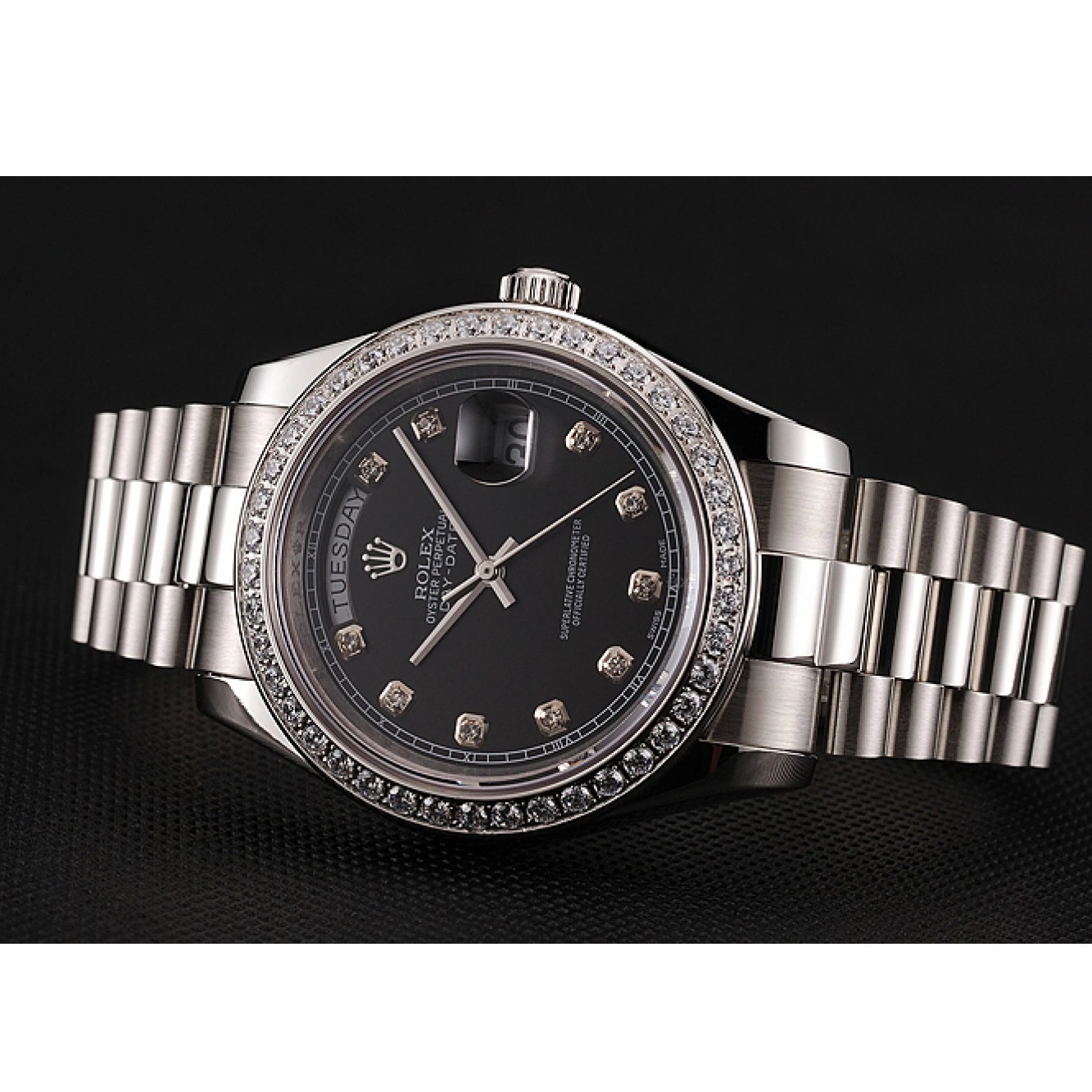 MiroTime 0818 Swiss Rolex Day-Date Black Dial Diamond Case Diamond Numerals Stainless Steel Bracelet 1453965